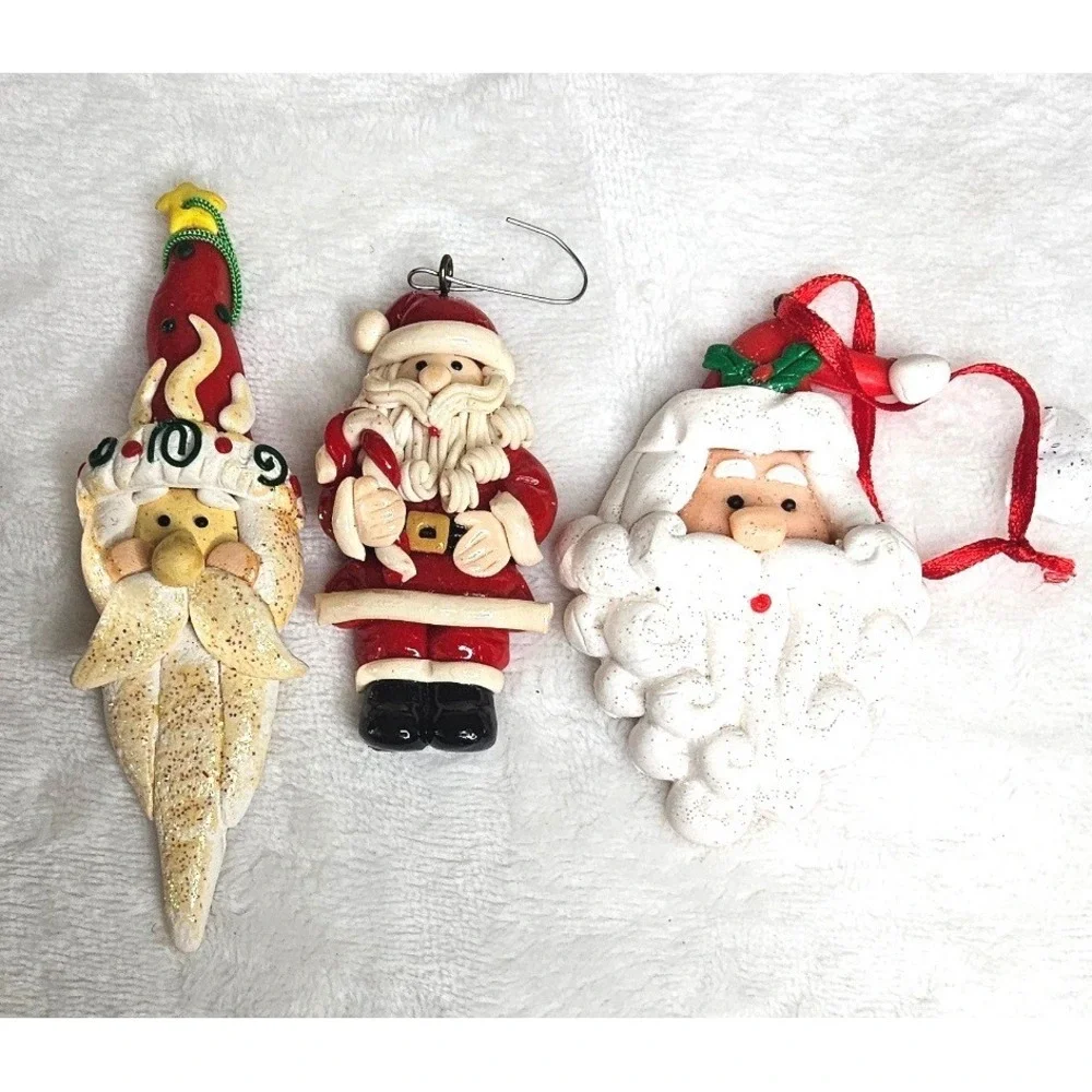 Santa Claus Clay Ornaments Set of 3 Red White Handcrafted Christmas